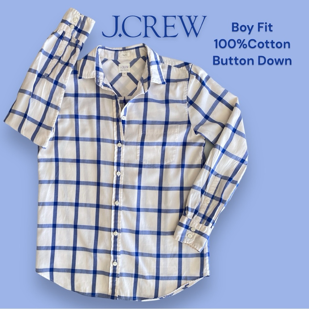 J.Crew Boy Fit‎ Blue & White 100% Cotton Plaid Button Down Shirt Preppy Classic